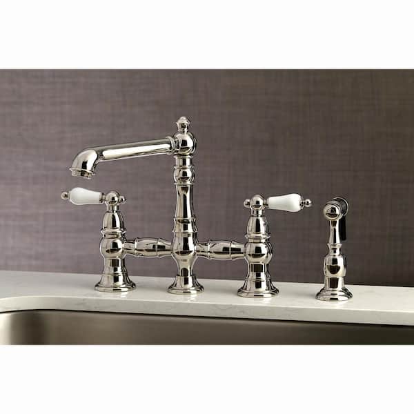 English Country 2-Handle Bridge Kitchen Faucet with Side Sprayer in Polished Nickel