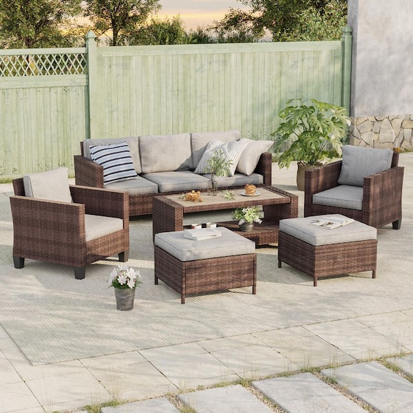 Sonkuki 6-Piece Patio Sofa Set Brown Wicker Outdoor Furniture Set with Coffee Table, Linen Grey