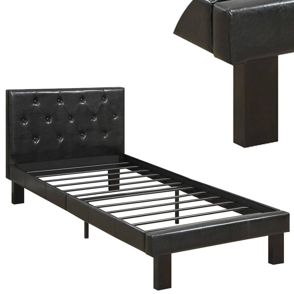 Black Twin Faux Leather Upholstered Bed with Tufted Headboard