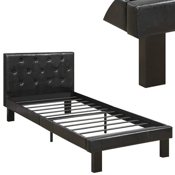 Faux Leather Upholstered Twin Size Bed, Platform Bed Leather Headboard