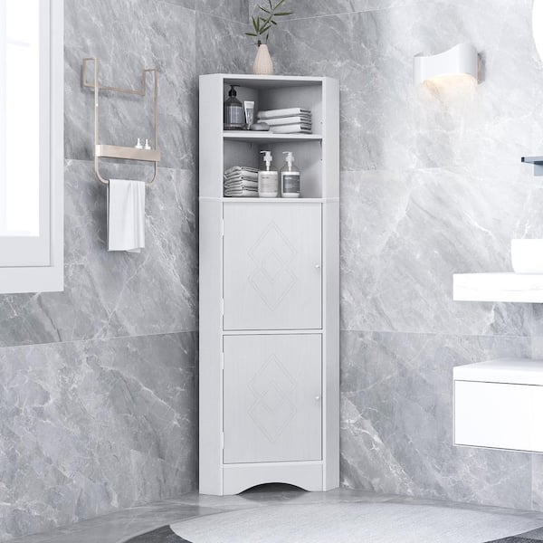 Polibi 14.96 in. W x 14.96 in. D x 61.02 in. H White Corner Linen Cabinet with Doors and Adjustable Shelves