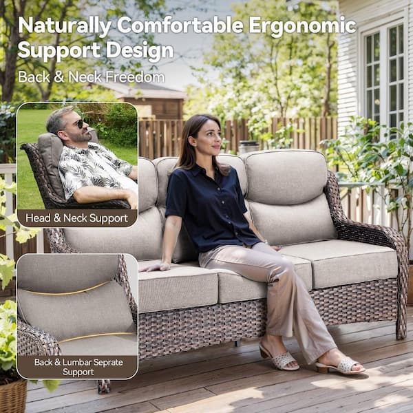 Luxurious 3-Seat Brown PE Wicker Outdoor Couch with 6 in. Olefin Beige Cushions/Patio Sofa Furniture