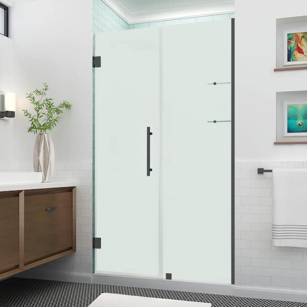 Aston Belmore GS 43.25 in. to 44.25 in. x 72 in. Frameless Hinged Shower Door, Frosted Glass and Glass Shelves in Matte Black