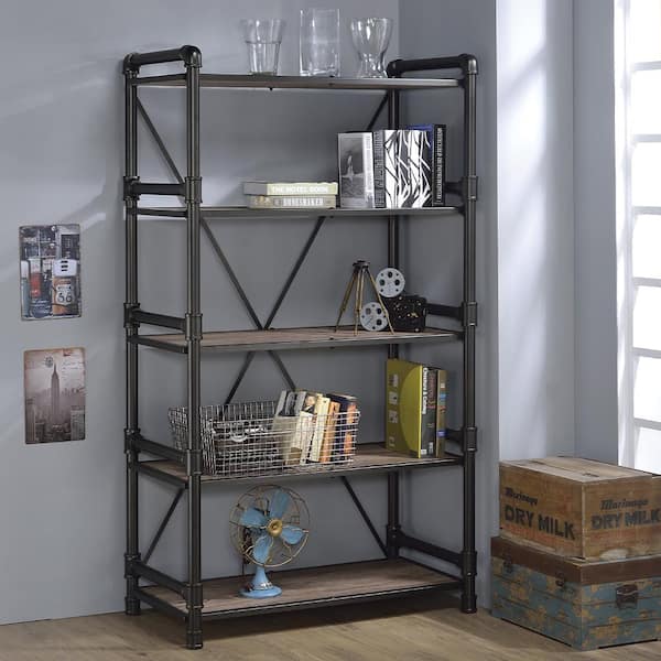 Acme Furniture Caitlin 40 in. Wide Rustic Oak and Black 5 Shelf Standard Bookcase