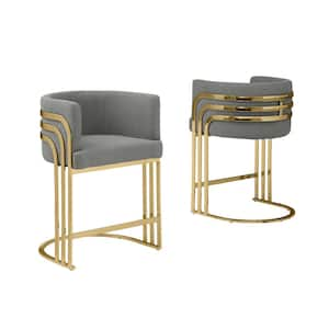 Alana 29 in. Dark Grey Low Back Gold Metal Frame Bar Stool With Teddy Fabric Set of 2