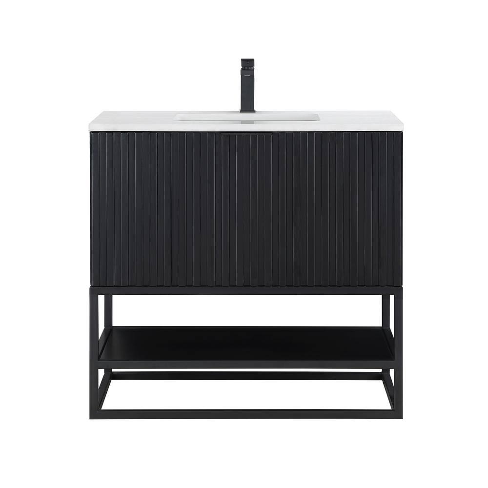 Terra 36'' Matte Black Acacia Single Bathroom Vanity with White Quartz Top
