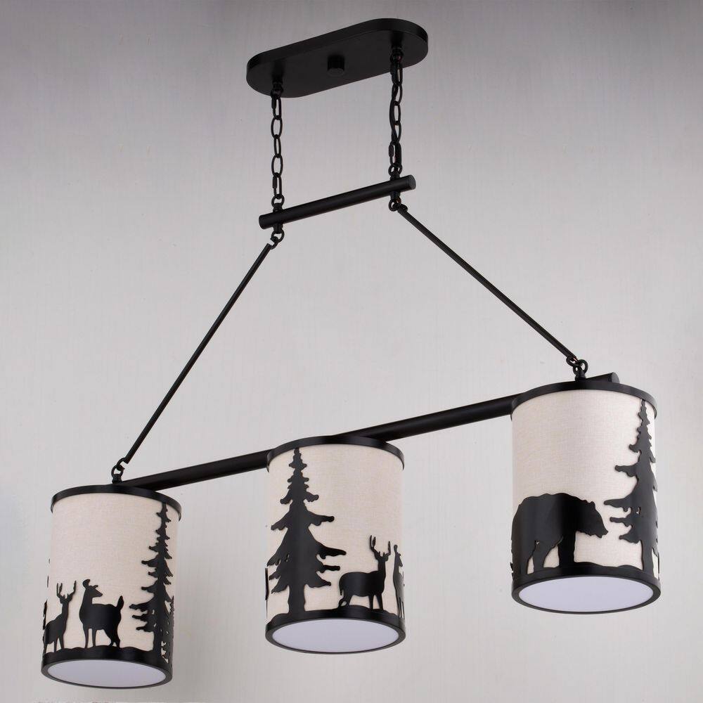 Acadia Bronze 3-Light Rustic Linear Chandelier with Linen Shades
