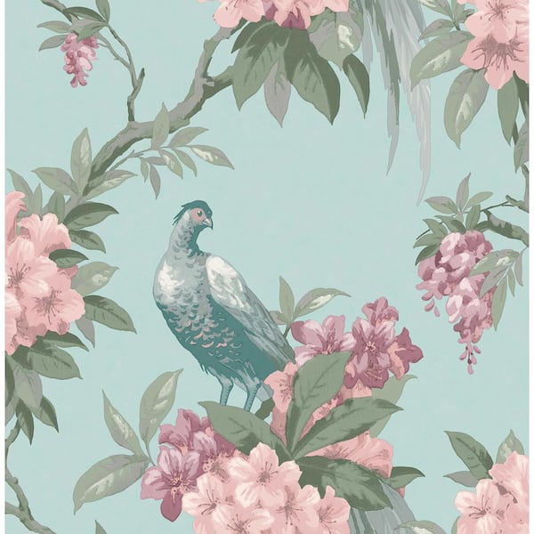 Brewster Home Fashions Golden Pheasant Aqua Floral Wallpaper Sample