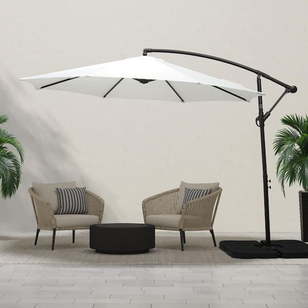 Bayshore Outdoor 10 ft. Hanging Offset Cantilever Patio Umbrella with Easy Crank Lift and Cross Base in White