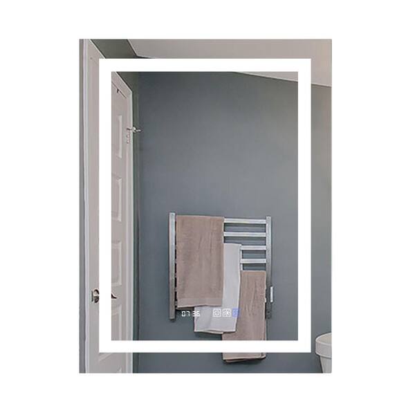 taholi 28 in. W x 36 in. H Rectangular Frameless Wall Mounted LED Bathroom Vanity Mirror with Dimmer Clock in White