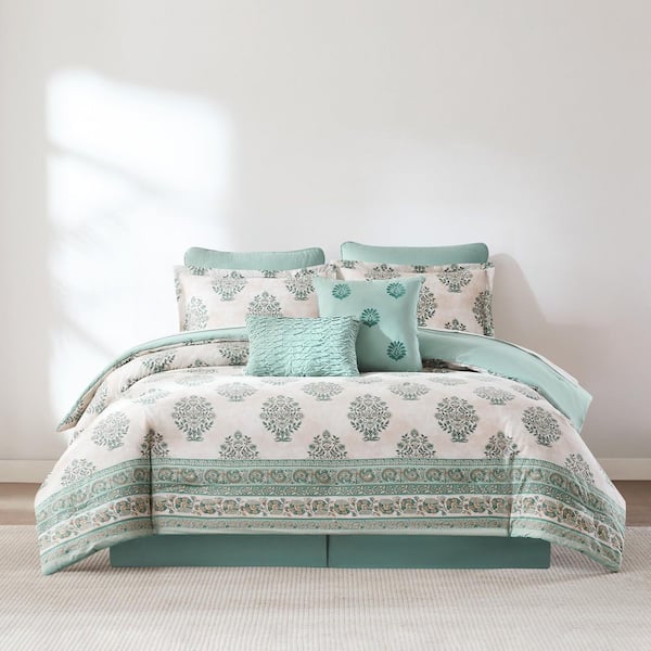 Sofia Flower Block Bouquet 8-Piece Teal Cotton Queen Comforter Set