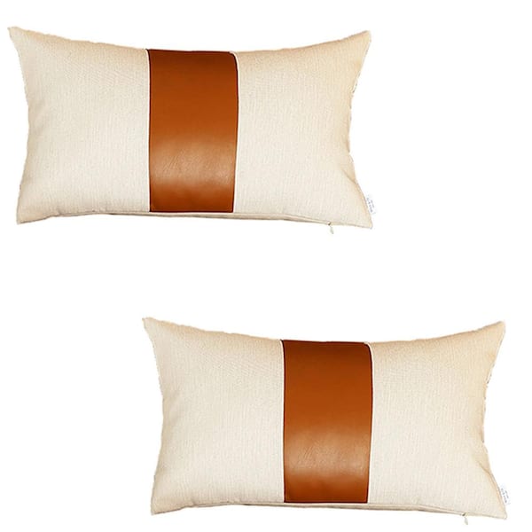 MIKE & Co. NEW YORK Brown Boho Handcrafted Vegan Faux Leather Lumbar Solid 12 in. x 20 in. Throw Pillow Cover (Set of 2)