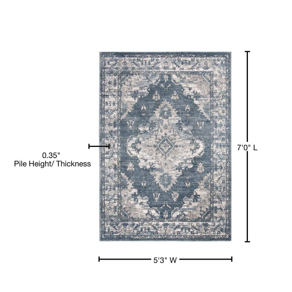Oregon Blue and Cream Floral Synthetic Rectangular Area Rug