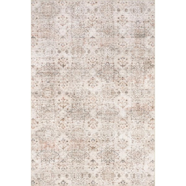 nuLOOM Alona Faded Medallion Spill-Proof Machine Washable Light Beige 8 ft. x 10 ft. Area Rug