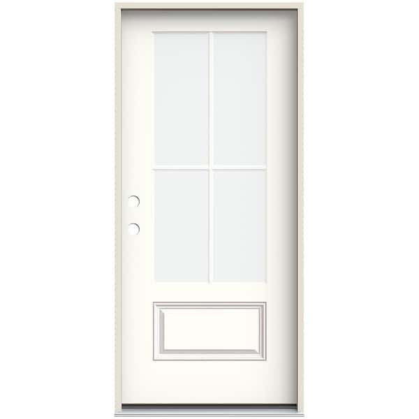 JELD-WEN 36 in. x 80 in. Right-Hand 4 Lite Clear Glass Modern White Painted Fiberglass Prehung Front Door with Brickmould