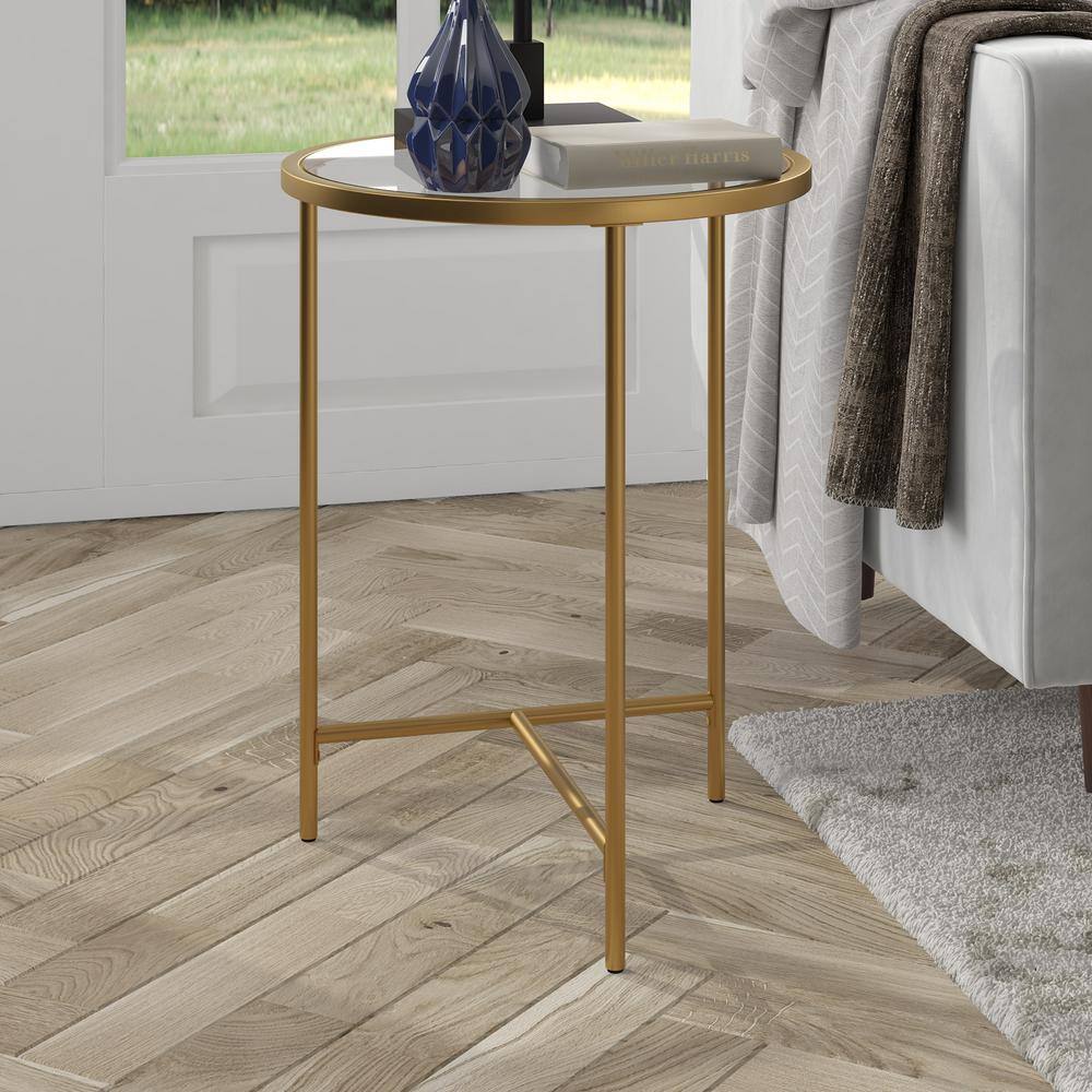 Gold 18" Round Metal and Glass Accent Table