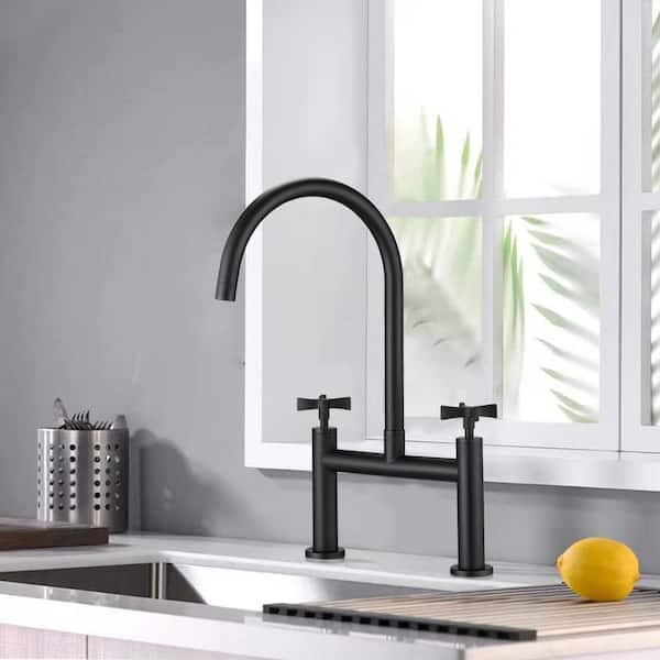 Unbranded Double Handle Bridge Kitchen Faucet, 360° Swivel Stainless Steel Efficient Water in Matte Black