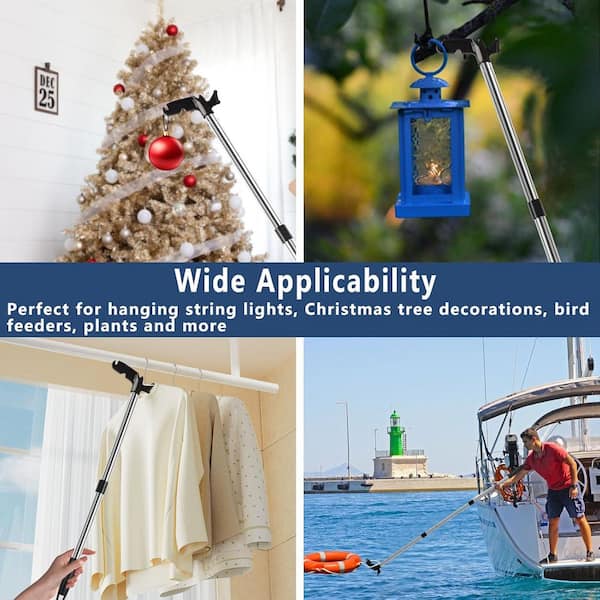 3-15 ft. Extendable Stainless steel Light Hanger Pole with Utility Hook for Hanging Christmas Lights and Bird Feeders
