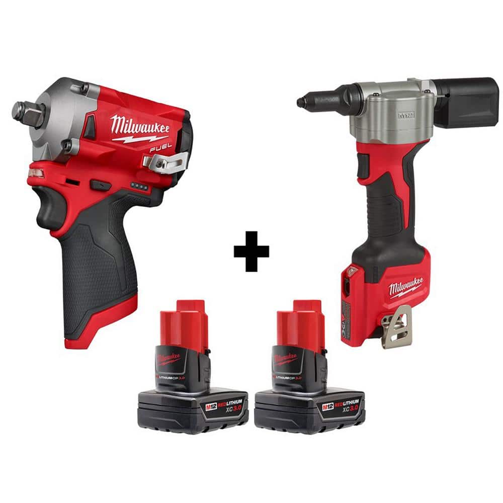 Milwaukee M12 FUEL 12-Volt Lithium-Ion Brushless Cordless Stubby 1/2 in. Impact  Wrench and Rivet Tool with Two 3.0 Ah Batteries 2555-20-2550-20-48-11-2412  The Home Depot