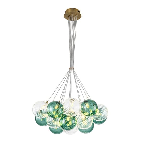 Alma 16-Light 25.6 in. W Brass Chandelier with Green Glass Twisted Glass Globe Shades for Living Room