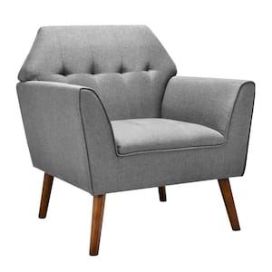 Grey Modern Tufted Fabric Accent Chair Upholstered Armchair with Rubber Wood Legs
