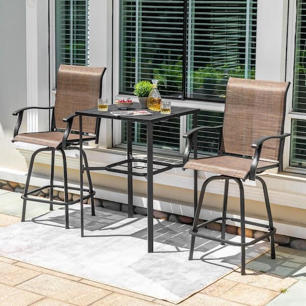 Black 3-Piece Textilene and Metal Square Outdoor Bar Set with Umbrella Hole and Swivel Bar Stools