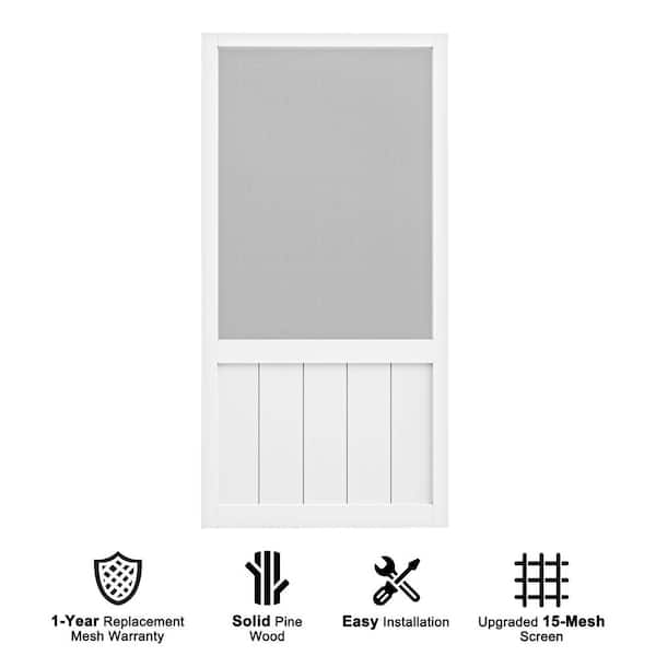 32 in. x 80 in. Universal Solid Pine Wood Screen Door-Primed White Finish and Gauze Mesh, Hinged Panel Style