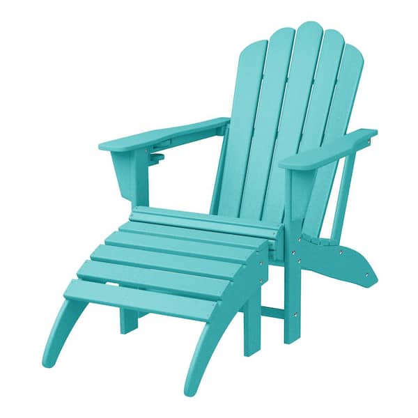 Aderson 2-Piece All Weather Outdoor Patio HDPE Adirondack Chair with Cup Holder and Matching Ottoman in Turquoise