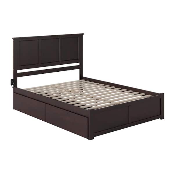 Madison Espresso Queen Solid Wood Storage Platform Bed with Flat Panel Foot Board and 2 Bed Drawers