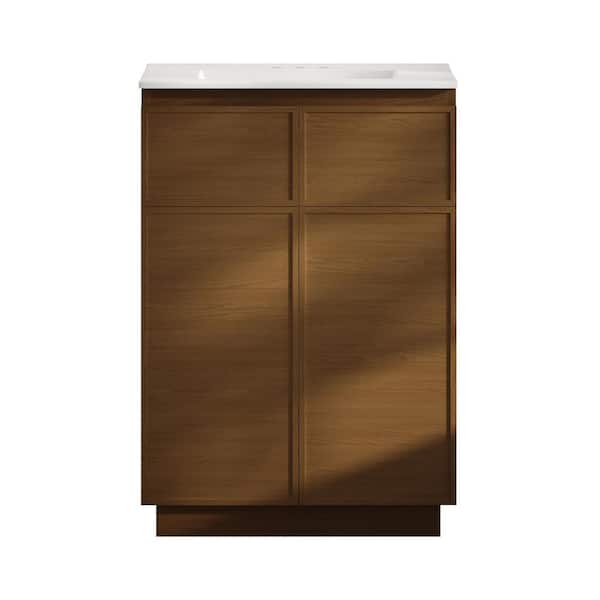 Swiss Madison St. Tropez 24 in. Freestanding Bath Vanity in Brown Oak with White Ceramic 3-Hole Centerset Sink Top
