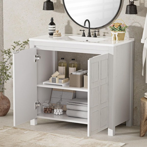 36 in. Single Sink Freestanding White Bath Vanity with White Ceramic Top and Door Storage Cabinet Unassembled