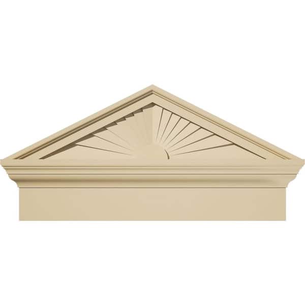 Ekena Millwork 26-in. W x 13-3/8-in. H x 2-3/4-in. P Pitch 6/12 Peaked Cap Sunburst Signature Urethane Combination Pediment, Primed Tan
