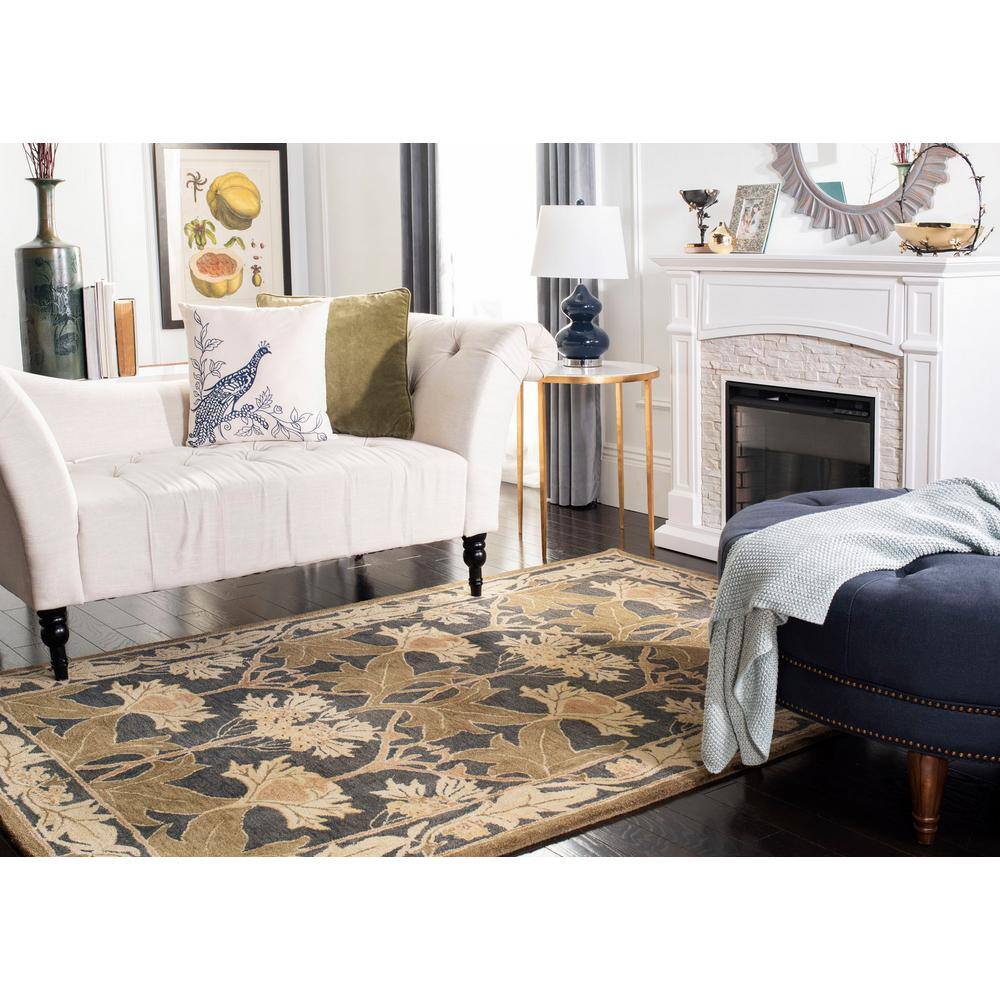 Navy and Sage Floral Wool Tufted Area Rug, 5' x 8'