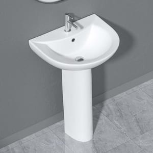 Modern White Ceramic Round Vessel Sink with Overflow and Pre-Drilled Single Hole, Compact White Ceramic Pedestal Sink