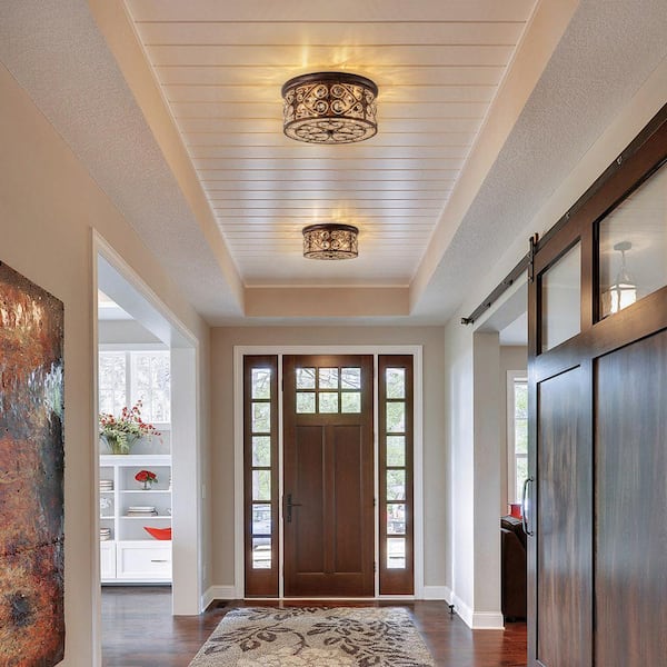 Iridescent 13.8 in. W 4-Light Antique Copper Glam Flush Mount Ceiling Light with Beaded Crystal Drum Shade
