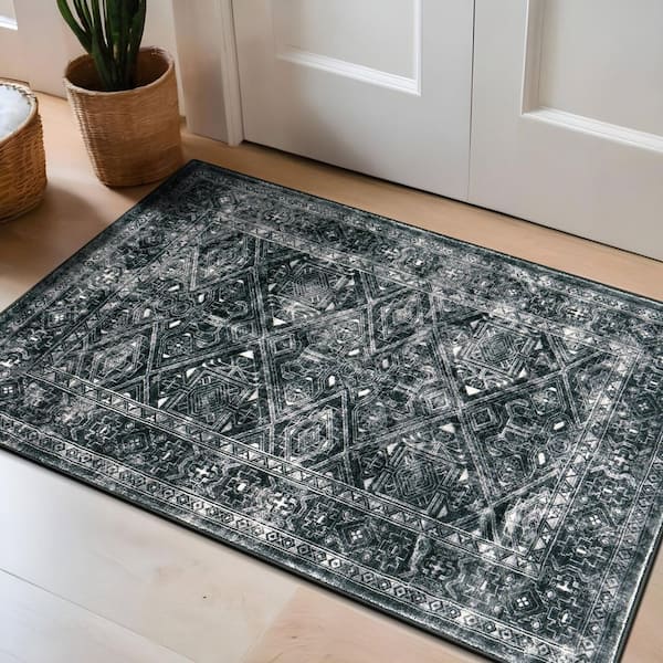 Transitional Bohemian Distressed Washable Non Slip Black 2 ft. x 3 ft. Area Rug