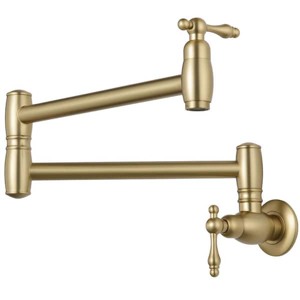Commercial Restaurant 2 Handle Wall Mount Pot Filler with Retractable Arm in Brushed Gold