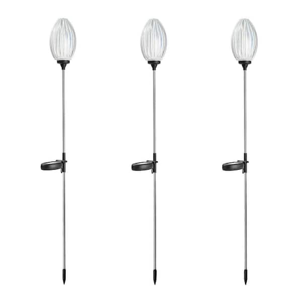 Glitzhome 36 in. H White Solar Weather Resistant Stake Oval Flower Light Path Light with LED and Stainless Steel Pole (3-pack)