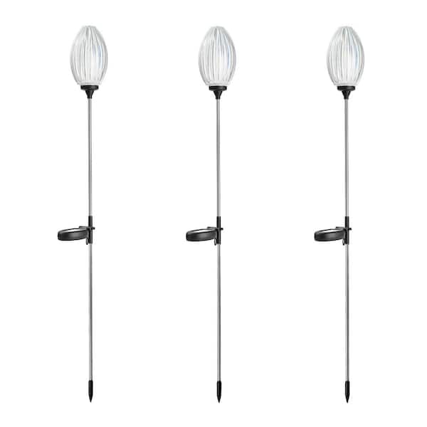 Glitzhome 36 in. H White Solar Weather Resistant Stake Oval Flower Light Path Light with LED and Stainless Steel Pole (3-Pack)
