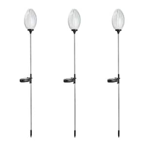 36 in. H White Solar Weather Resistant Stake Oval Flower Light Path Light with LED and Stainless Steel Pole (3-Pack)