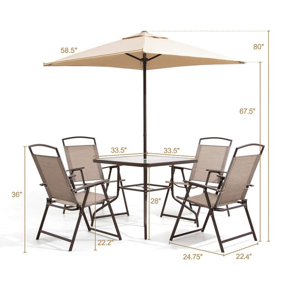Beige 6-Piece Steel and Glass Outdoor Dining Set with Umbrella