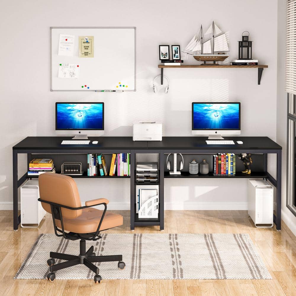 Black Double Workstation Desk with Shelves for Two