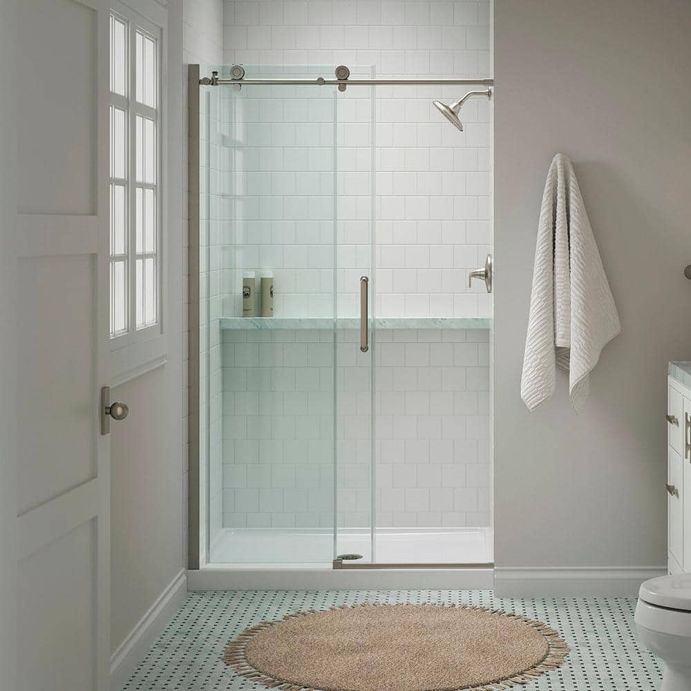 Cursiva 44-48 in. W x 78 in. H Sliding Frameless Shower Door in Anodized Brushed Nickel with 5/16 in. Thick Clear Glass price history on PriceWatchPro