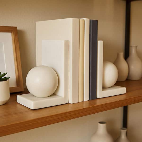 Bookend Shape Liv & Skye White 4 in. x 6 in. Marble Shapes Decorative Orb Bookends ...