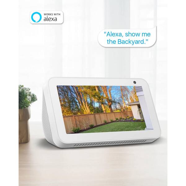 Wired Outdoor Wi-Fi Security Camera with Motion Activated Floodlight in Black with Echo Show 5 in Sandstone