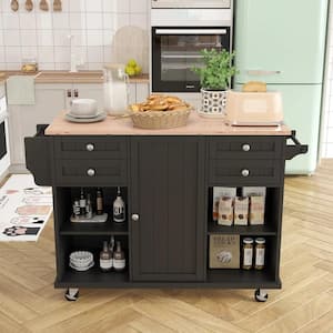 Black Rubber Wood Top 52.8 in. W Kitchen Island on 5-Wheels with 4-Drawers and 4-adjustable shelves