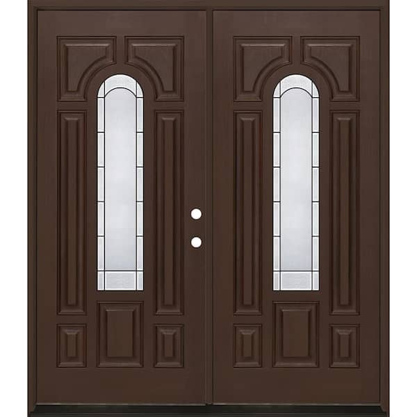 Regency 72 in. x 80 in. Center Lite Empire Deco Glass LHIS Hickory Fiberglass Double Prehung Front Door with 4-9/16 Jamb
