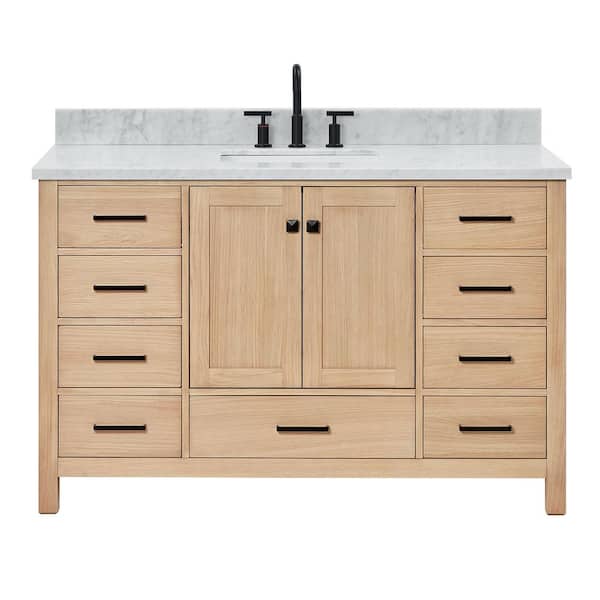 Cambridge 54 in. W x 22 in. D x 35 in. H Single Freestanding Bath Vanity in Oak with Italian Carrara Marble Top