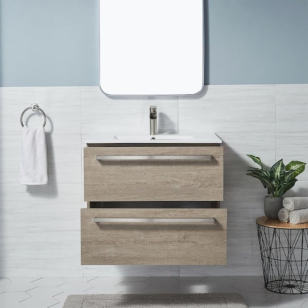 White Ceramic Wall Mount Bathroom Cabinet Vanity Sink
