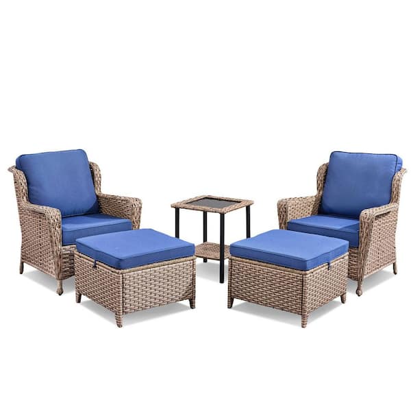5-Piece Wicker Outdoor Sectional Seating Set with Blue Cushions, Rattan Patio Conversation Set for Garden, Backyard